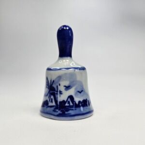 Vintage Delft Style Ceramic Blue White Miniature Bell Floral Windmill